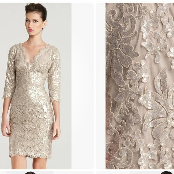 Tadashi Shoji Embroidered Sequin Lace Sand Beige Cocktail Dress Size 12 - Picture 12 of 13